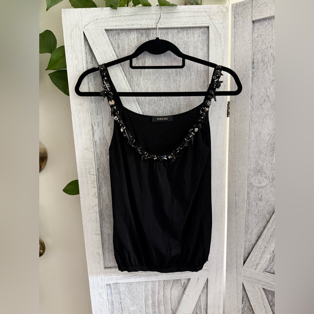 *Versace Y2K Vintage Black Tank with GORGEOUS Neckline & Retro Banded Hem